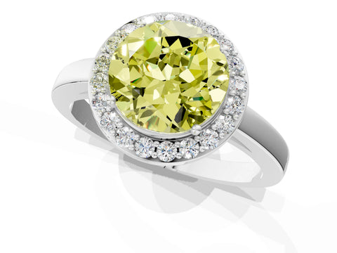 White gold Fancy Yellow Round Cut Halo Diamond Ring with Solitaire Band and Prong Setting_1
