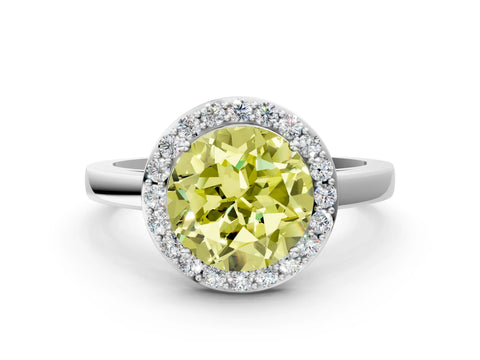 White gold Fancy Yellow Round Cut Halo Diamond Ring with Solitaire Band and Prong Setting