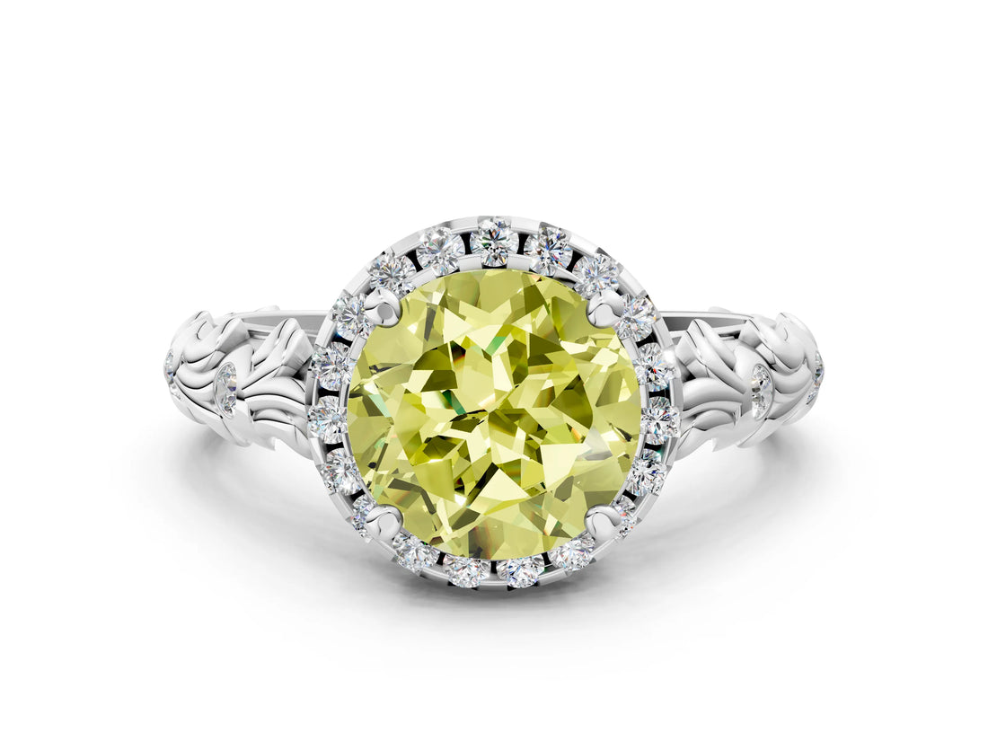 White gold Fancy Yellow Round Cut Halo Diamond Solitaire with Filigree Band and Four-Prong Setting_24
