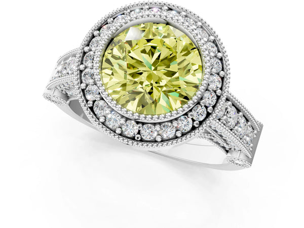White Gold Round Vintage Bezel Halo Engagement Ring Setting for Fancy Yellow Center