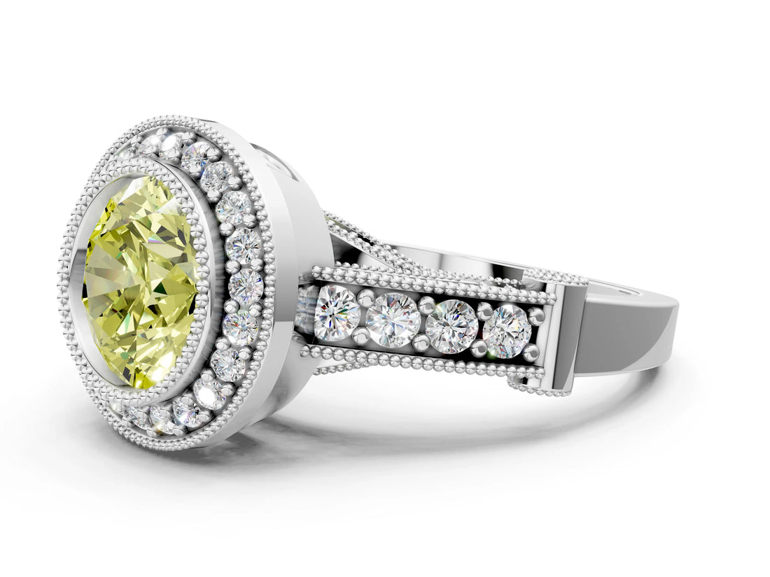 White gold Fancy Yellow Round Cut Halo Diamond Split Shank Pave Ring