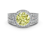 White gold Fancy Yellow Round Cut Halo Diamond Split Shank Ring with Prong Setting