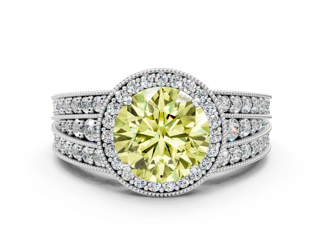 White gold Fancy Yellow Round Cut Halo Diamond Split Shank Ring with Prong Setting_12