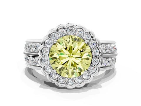 White gold Fancy Yellow Round Cut Halo Diamond Split Shank Ring with Scalloped Prong Setting_12