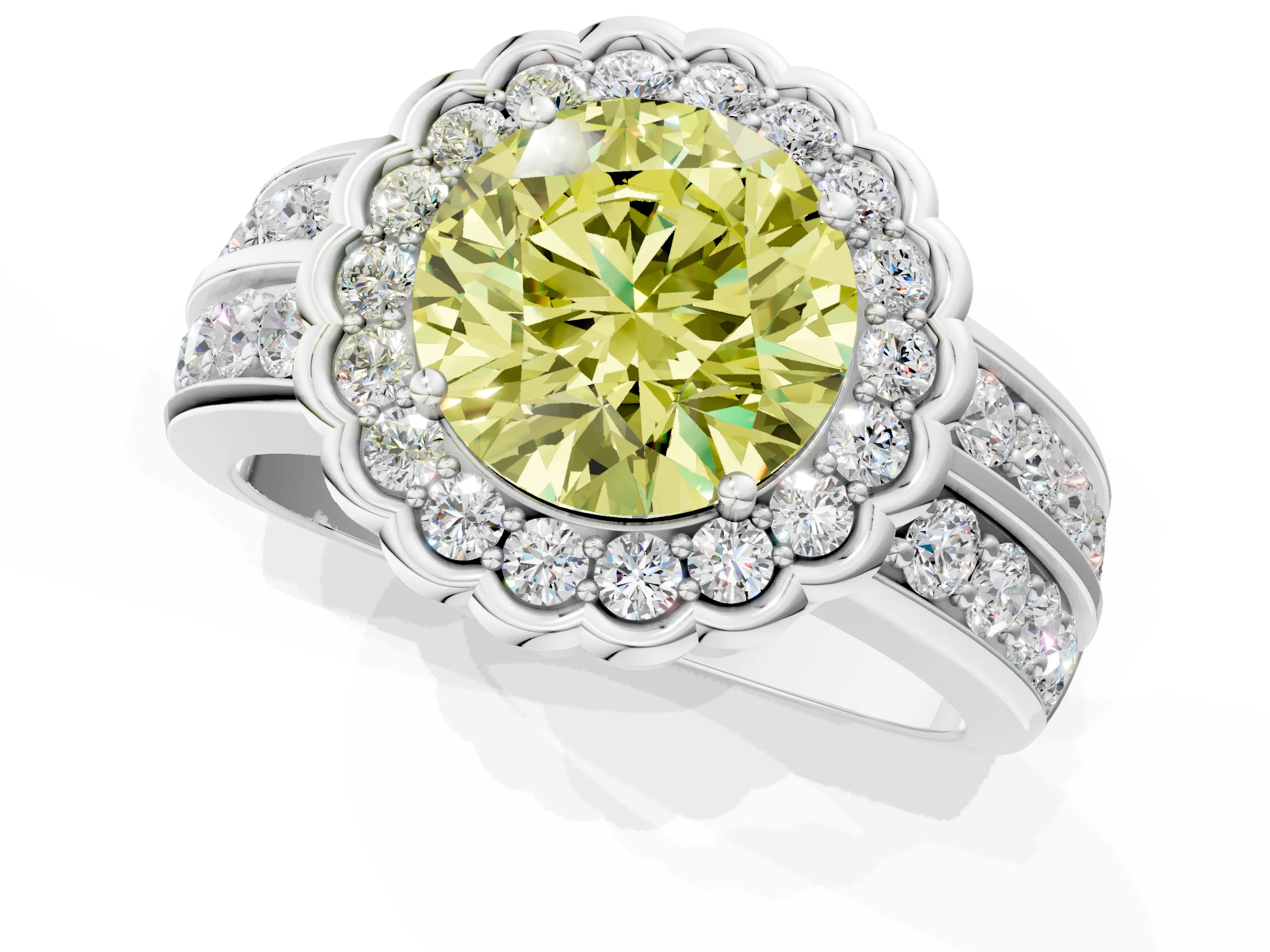 White gold Fancy Yellow Round Cut Halo Diamond Split Shank Ring with Scalloped Prong Setting_13