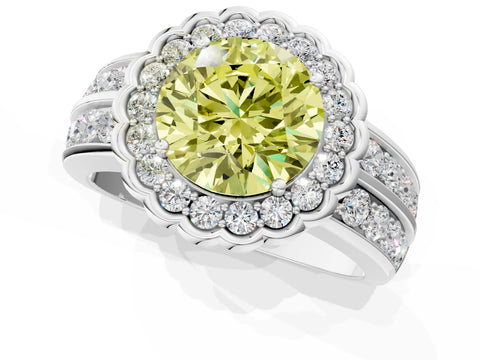White gold Fancy Yellow Round Cut Halo Diamond Split Shank Ring with Scalloped Prong Setting_13
