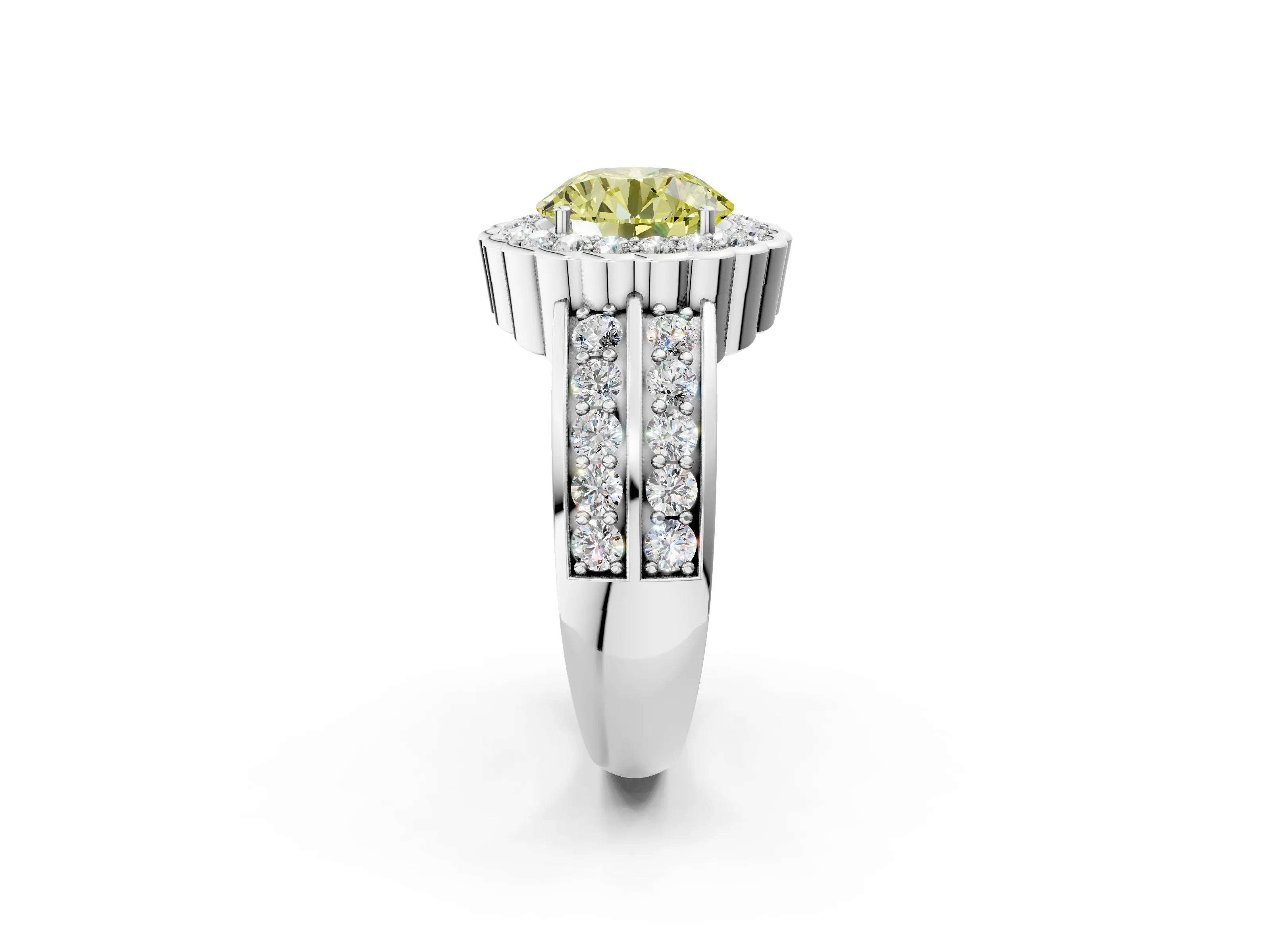 White gold Fancy Yellow Round Cut Halo Diamond Split Shank Ring with Scalloped Prong Setting_14