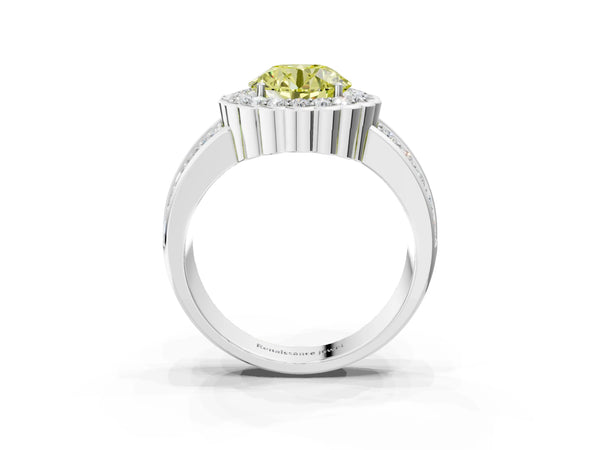 Platinum Fancy Yellow Round Cut Halo Diamond Split Shank Ring with Scalloped Prong Setting