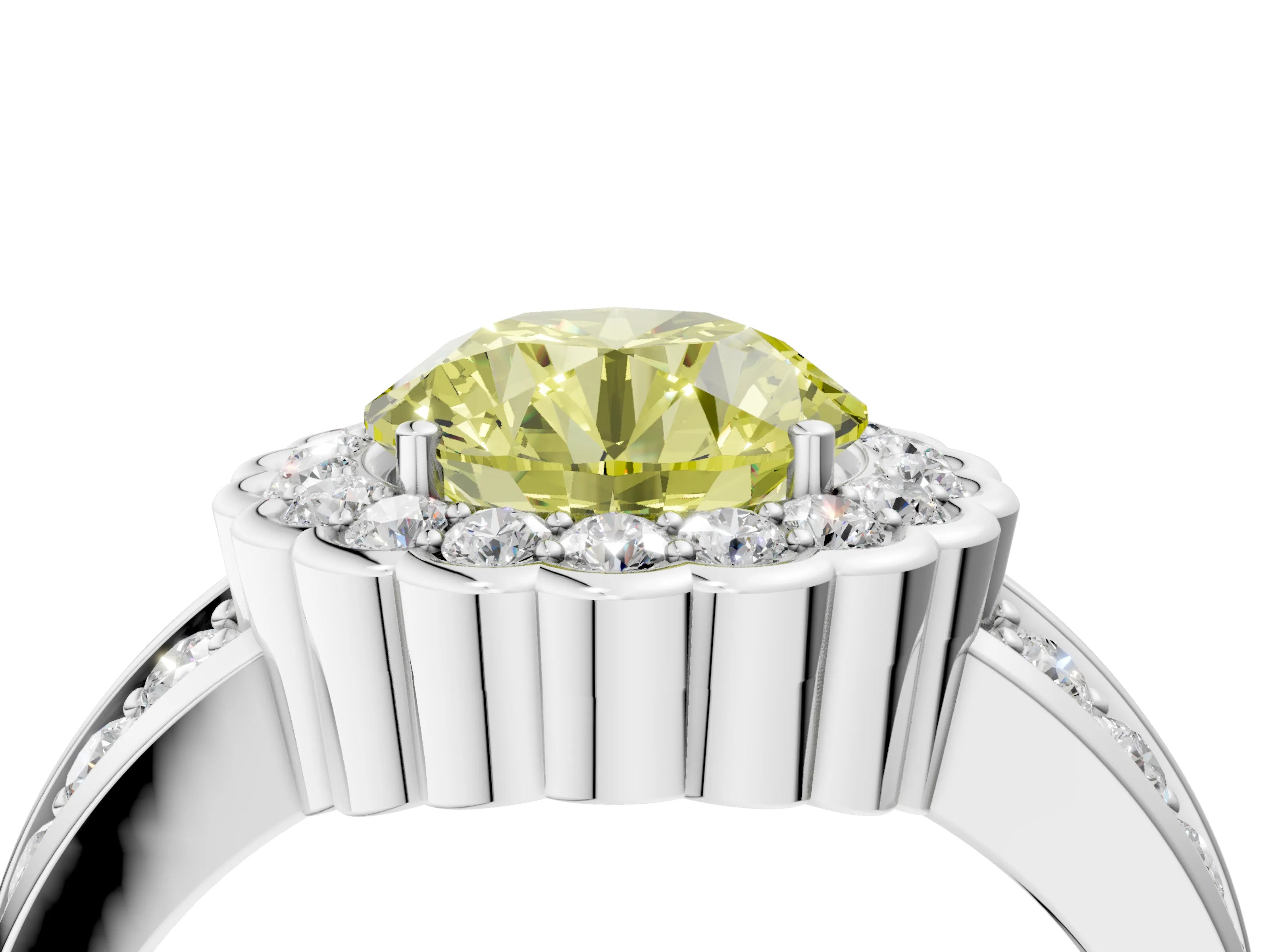 White gold Fancy Yellow Round Cut Halo Diamond Split Shank Ring with Scalloped Prong Setting_16