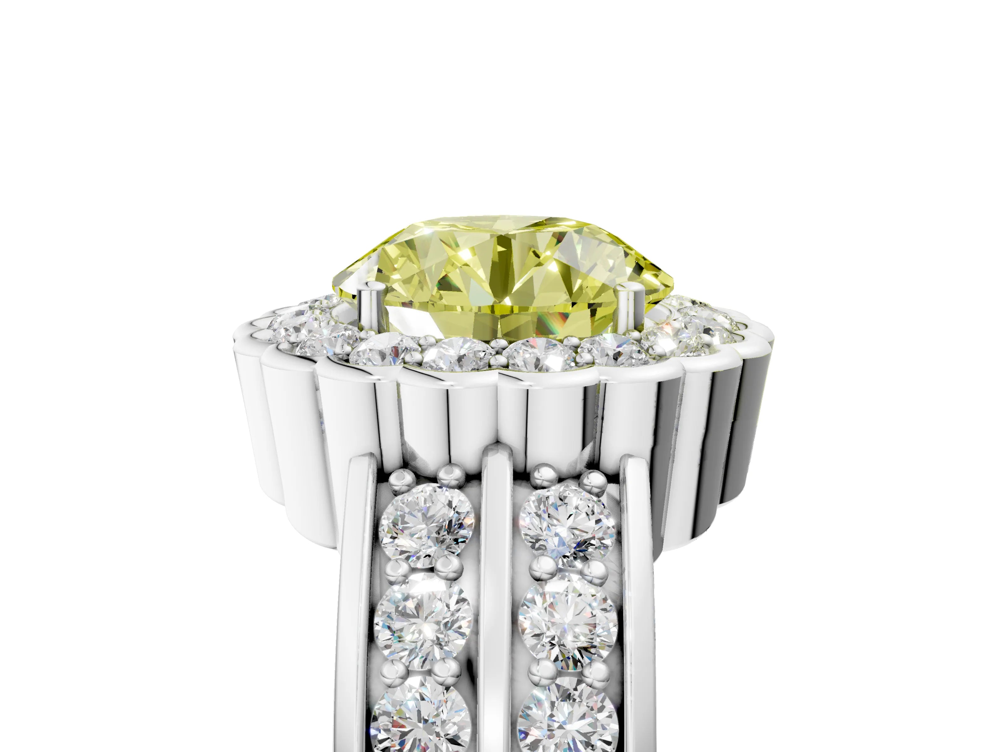White gold Fancy Yellow Round Cut Halo Diamond Split Shank Ring with Scalloped Prong Setting_17