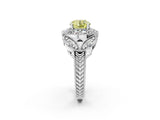White gold Fancy Yellow Round Cut Halo Milgrain Diamond Engagement Ring with Leaf Band and Four-Prong Setting_2