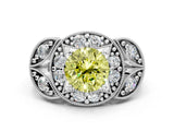 White gold Fancy Yellow Round Cut Halo Milgrain Diamond Engagement Ring with Leaf Band and Four-Prong Setting