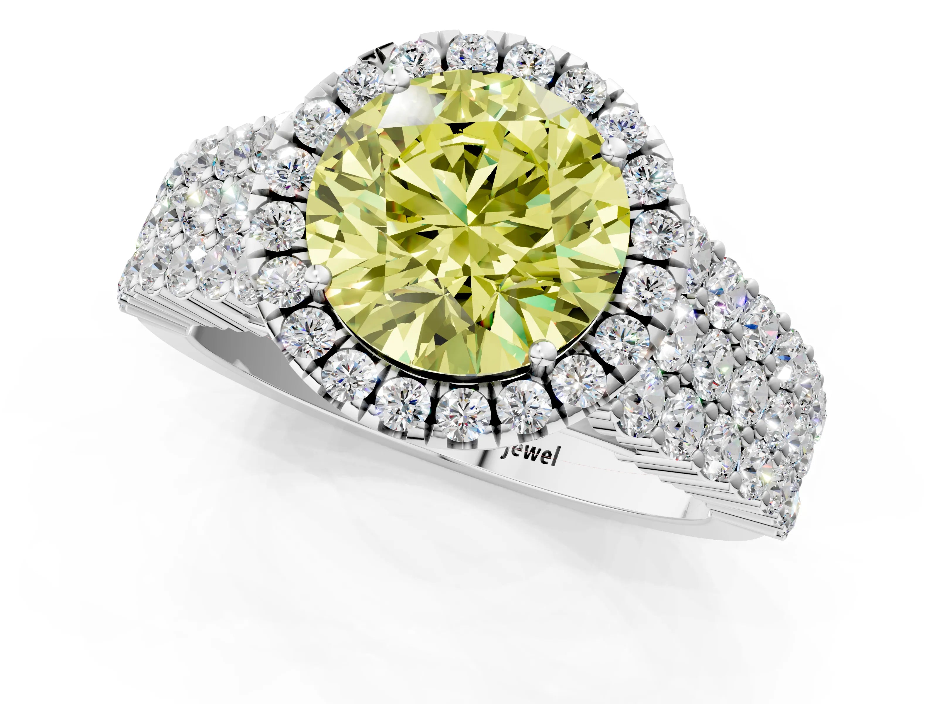 White gold Fancy Yellow Round Cut Halo Pavé Diamond Engagement Ring with Split Shank and Four-Prong Setting_4