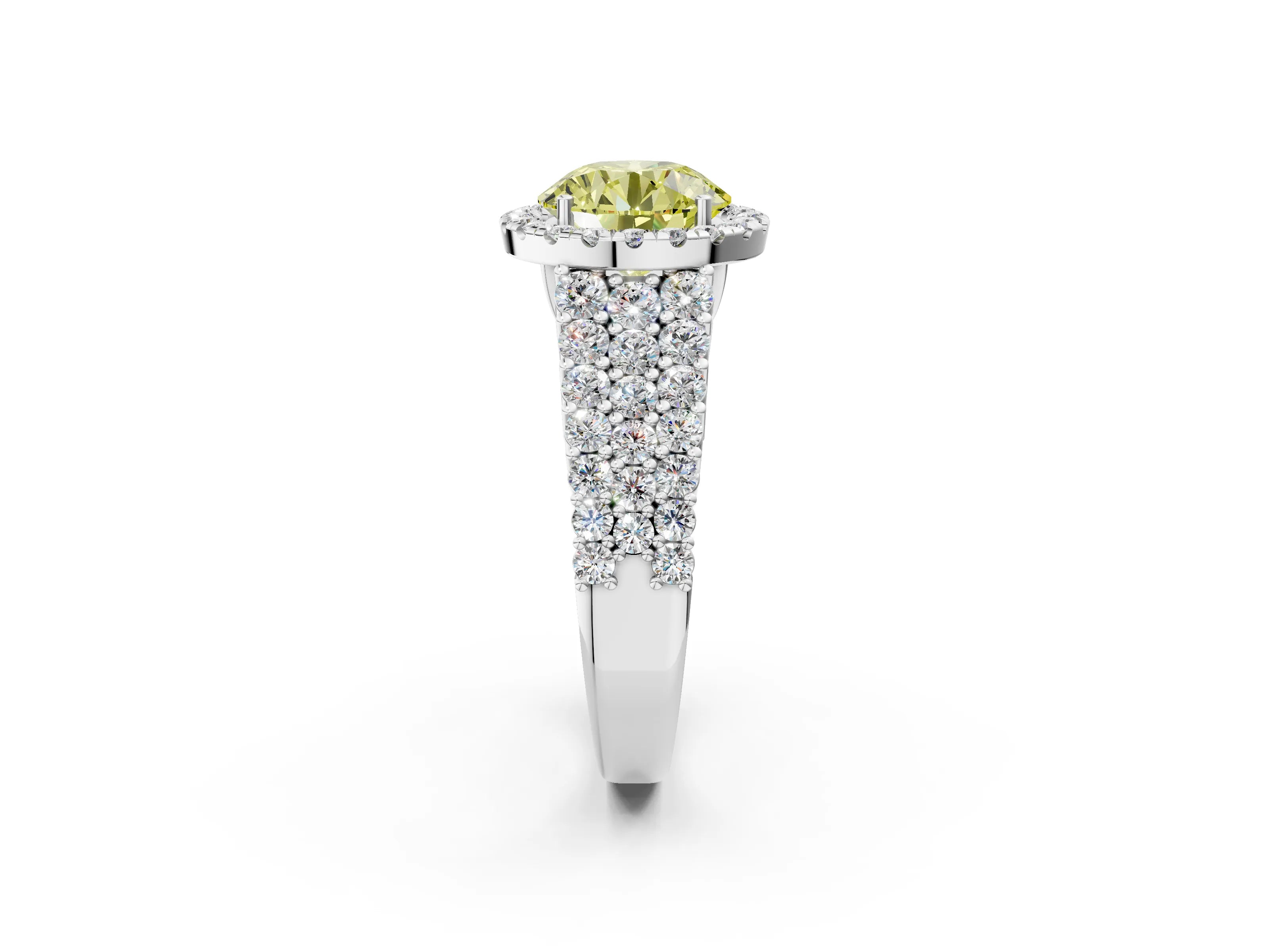 White gold Fancy Yellow Round Cut Halo Pavé Diamond Engagement Ring with Split Shank and Four-Prong Setting_5