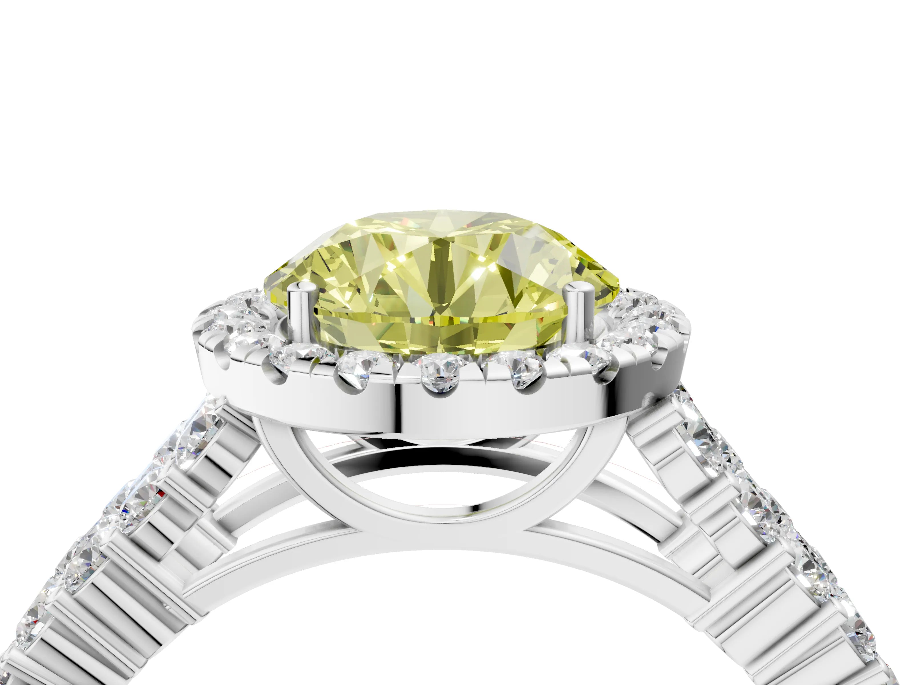 White gold Fancy Yellow Round Cut Halo Pavé Diamond Engagement Ring with Split Shank and Four-Prong Setting_7