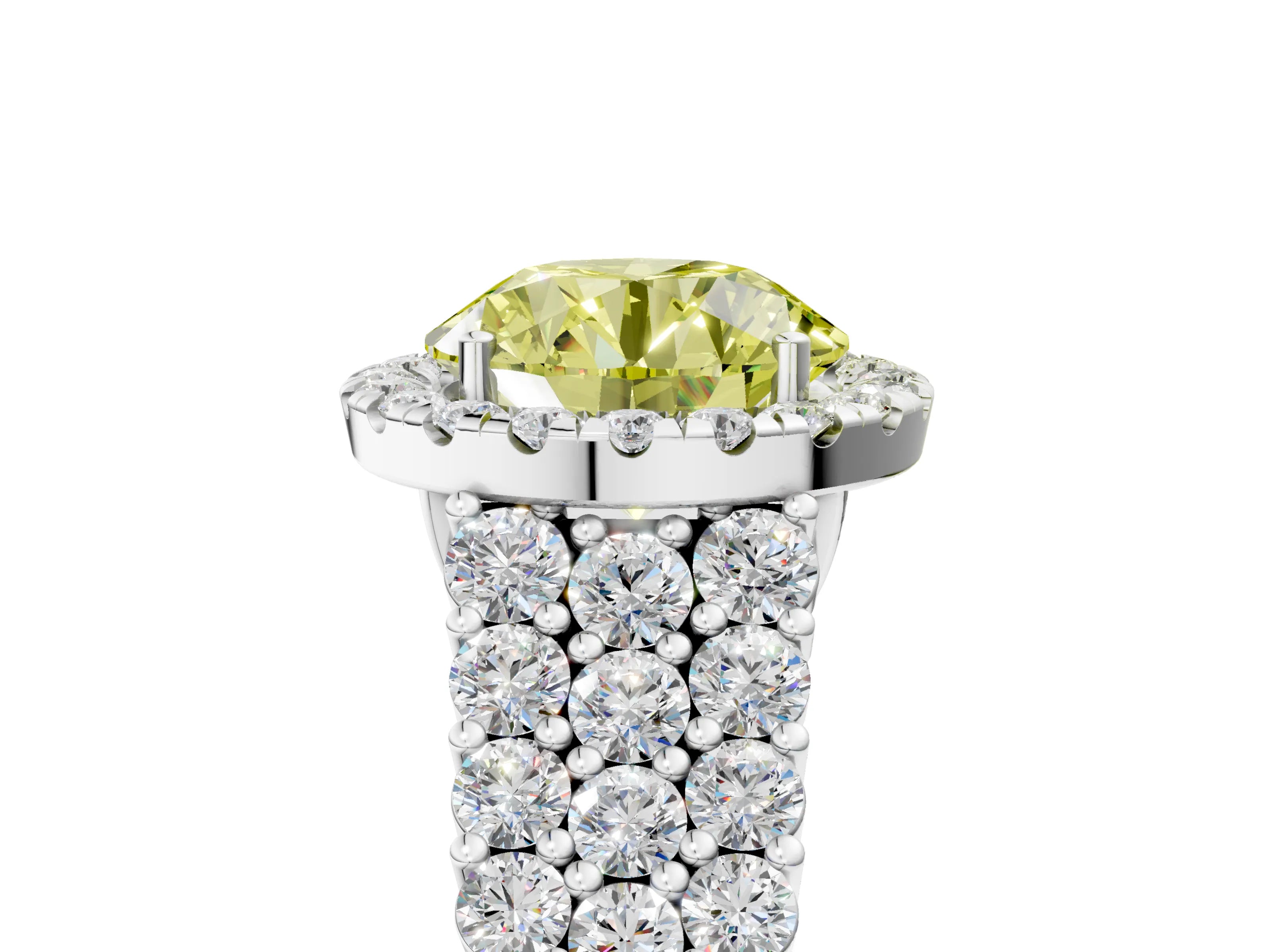 White gold Fancy Yellow Round Cut Halo Pavé Diamond Engagement Ring with Split Shank and Four-Prong Setting_8