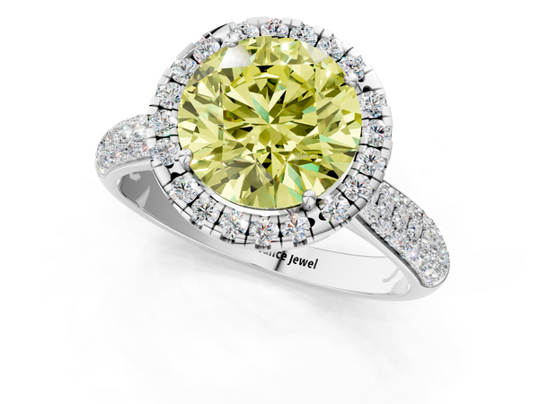 Platinum Fancy Yellow Round  Cut Halo Pave Band Four-Prong Setting Ring