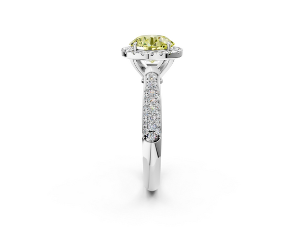 Platinum Fancy Yellow Round  Cut Halo Pave Band Four-Prong Setting Ring