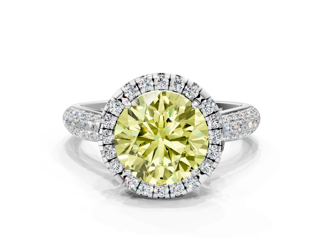 White gold Fancy Yellow Round  Cut Halo Pave Band Four-Prong Setting Ring
