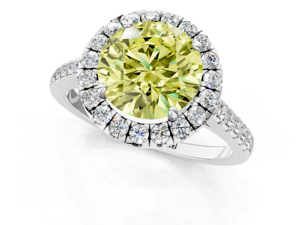 White gold Fancy Yellow Round Cut Halo Pave Diamond Engagement Ring with Four-Prong Setting
