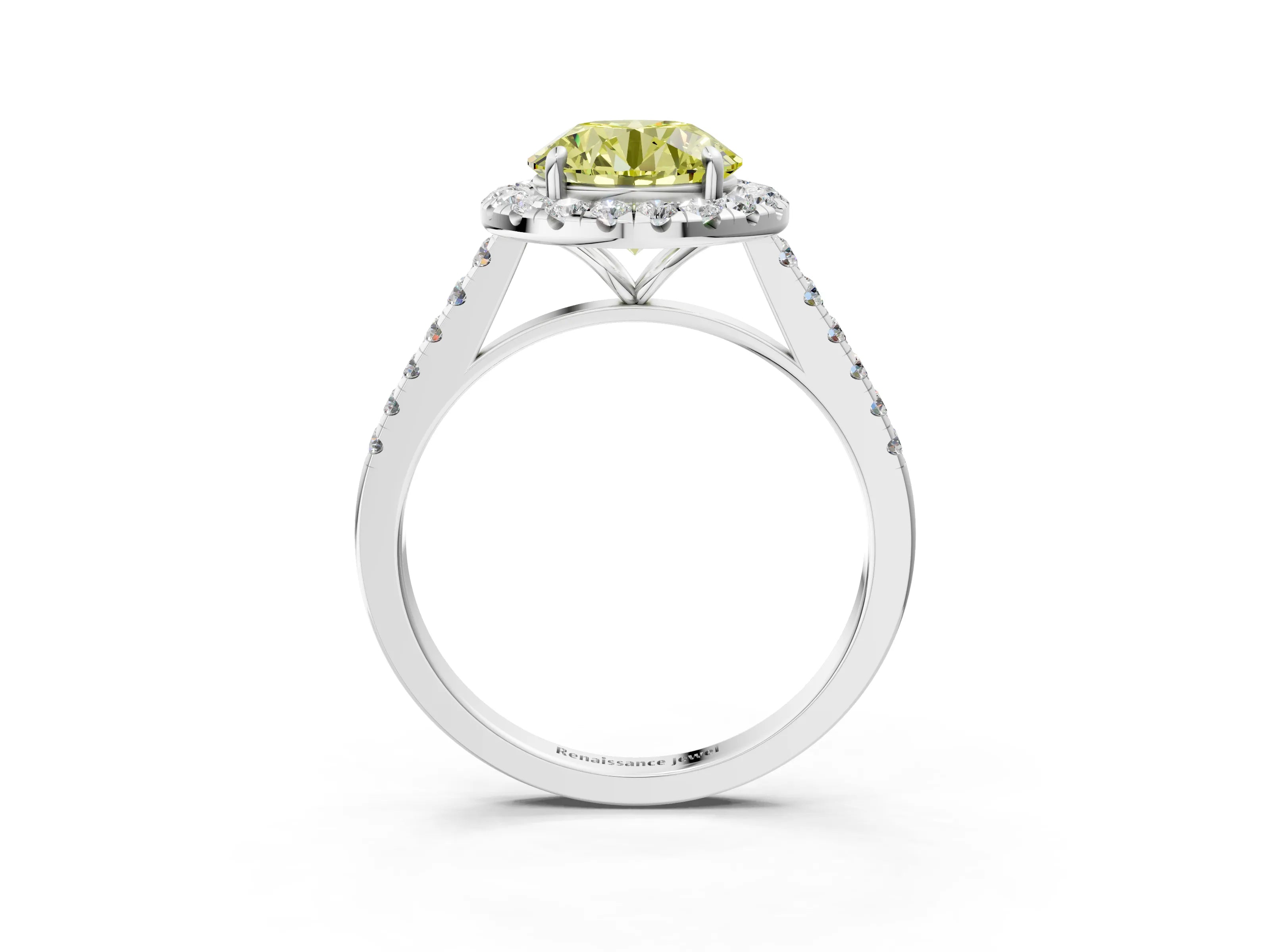 White gold Fancy Yellow Round Cut Halo Pave Diamond Engagement Ring with Four-Prong Setting_3