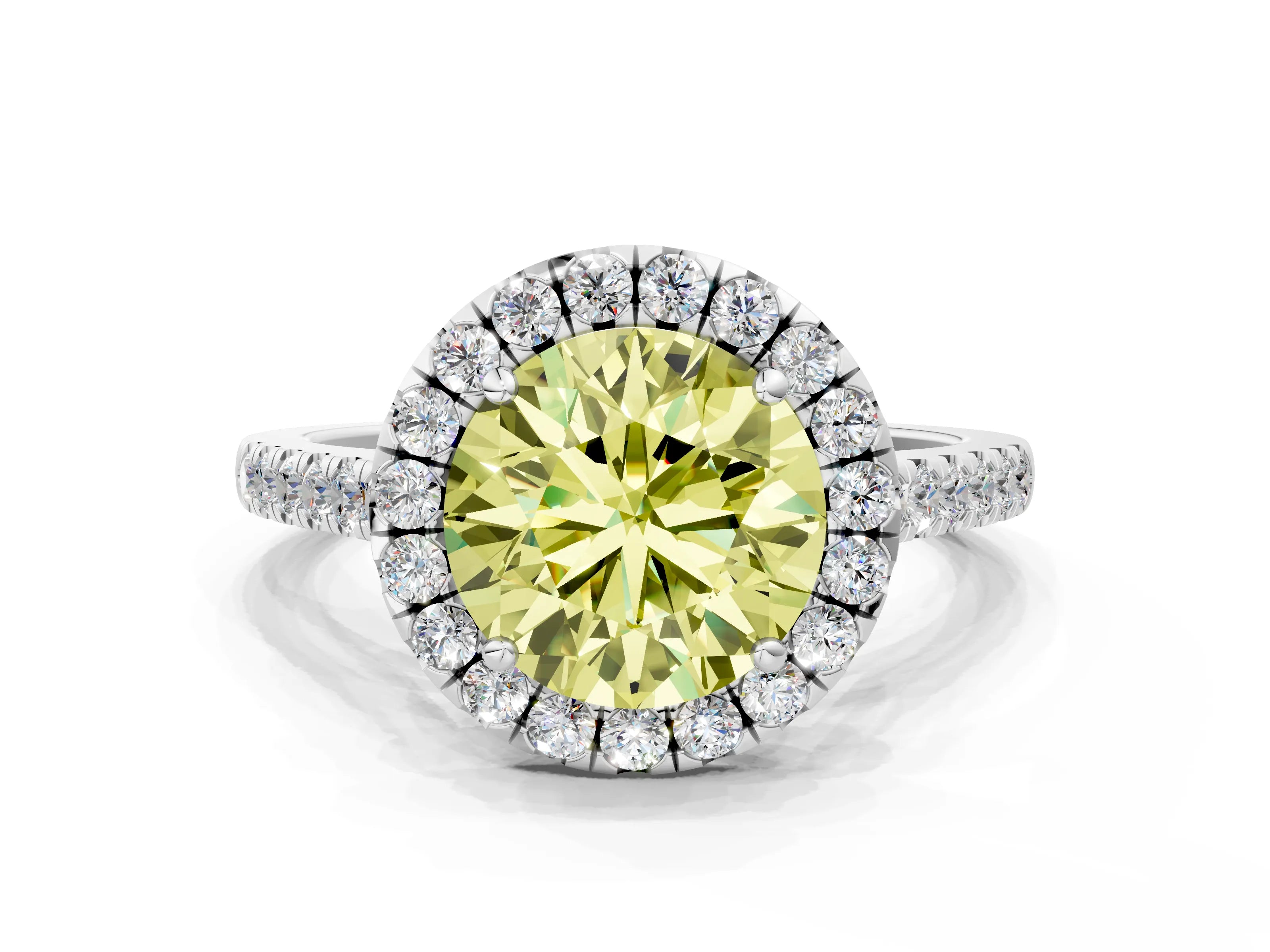 White gold Fancy Yellow Round Cut Halo Pave Diamond Engagement Ring with Four-Prong Setting