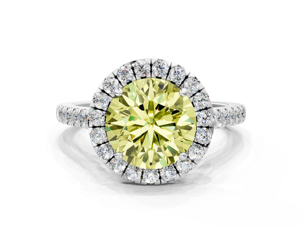 White gold Fancy Yellow Round Cut Halo Pave Diamond Engagement Ring with Four-Prong Setting
