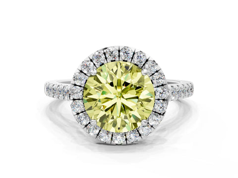 White gold Fancy Yellow Round Cut Halo Pave Diamond Engagement Ring with Four-Prong Setting