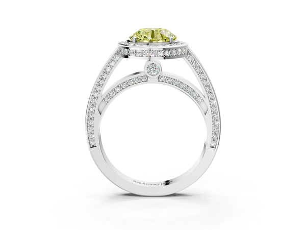 Platinum Fancy Yellow Round  Cut Halo Pave Split Shank Prong Setting Ring