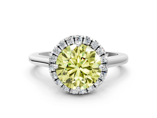 Platinum Fancy Yellow Round Cut Halo Round Diamond Solitaire Engagement Ring with Pave Band and Four-Prong Setting