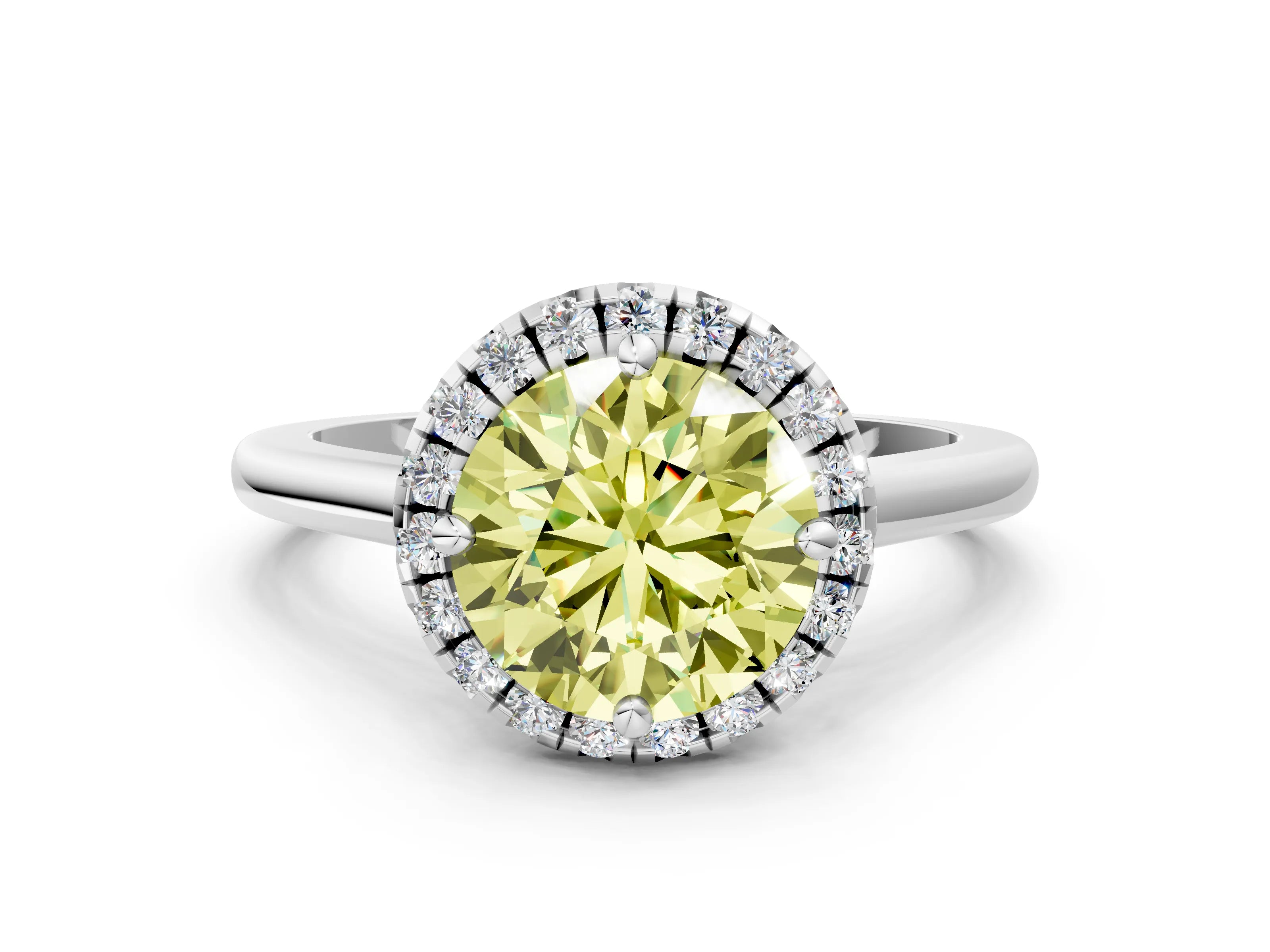 White gold Fancy Yellow Round Cut Halo Round Diamond Solitaire Engagement Ring with Pave Band and Four-Prong Setting_24