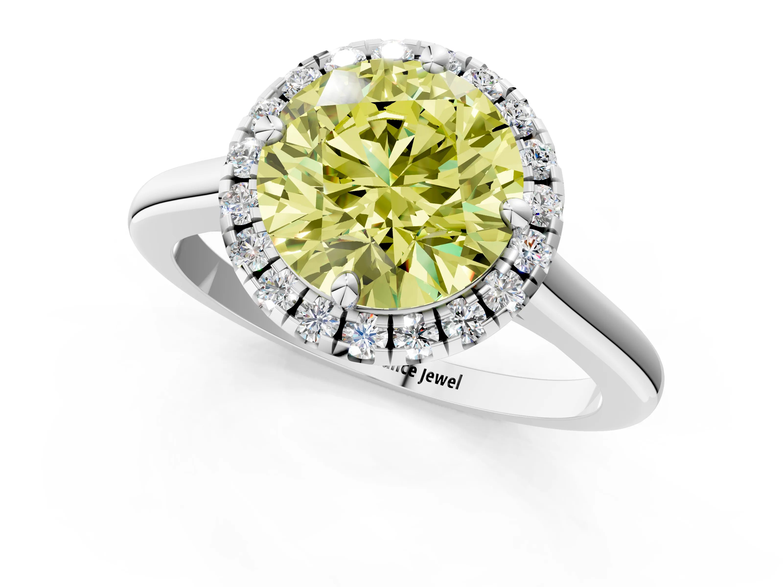 White gold Fancy Yellow Round Cut Halo Round Diamond Solitaire Engagement Ring with Pave Band and Four-Prong Setting_25