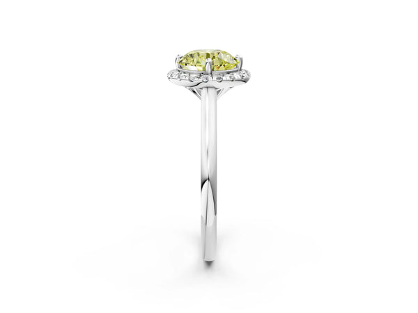 Platinum Fancy Yellow Round Cut Halo Round Diamond Solitaire Engagement Ring with Pave Band and Four-Prong Setting