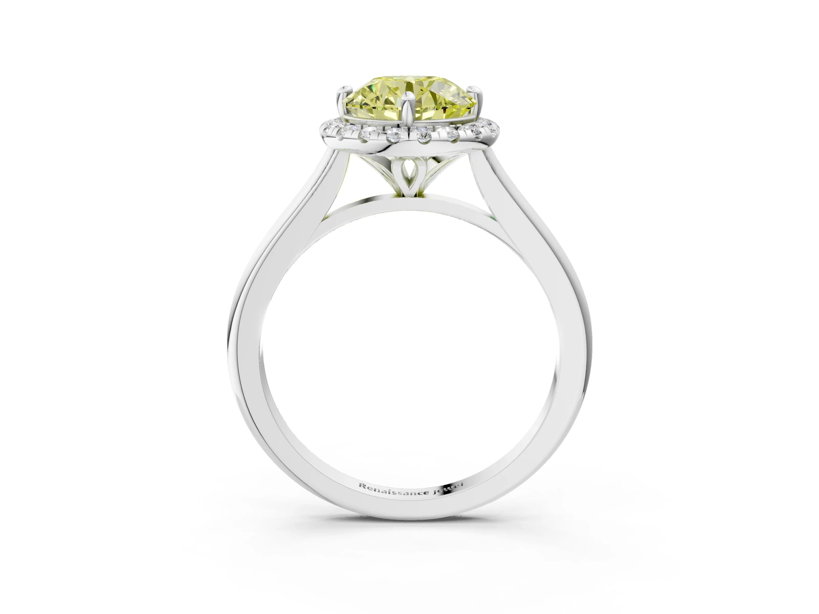 White gold Fancy Yellow Round Cut Halo Round Diamond Solitaire Engagement Ring with Pave Band and Four-Prong Setting_27