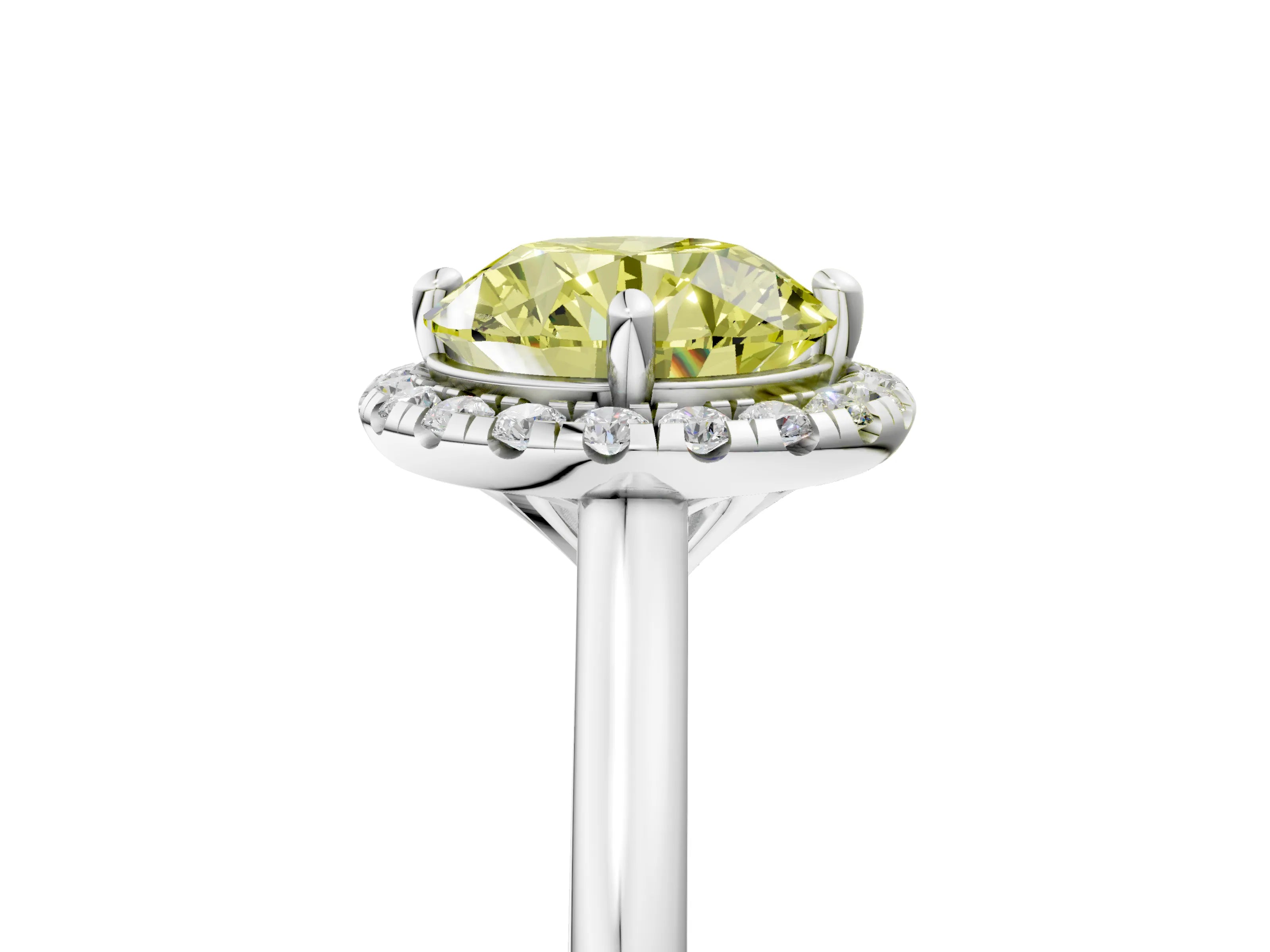 White gold Fancy Yellow Round Cut Halo Round Diamond Solitaire Engagement Ring with Pave Band and Four-Prong Setting_29