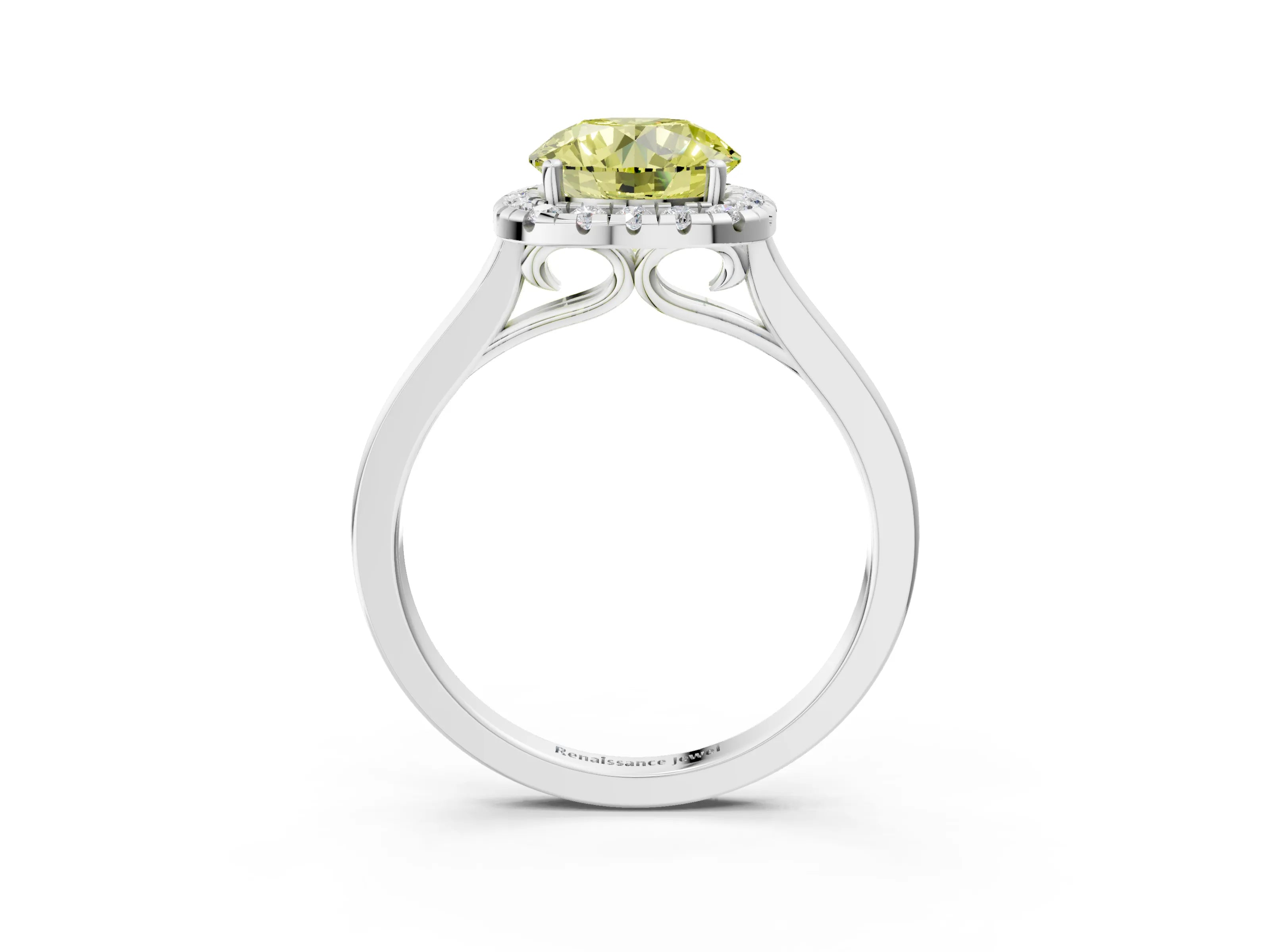 White gold Fancy Yellow Round Cut Halo Round Diamond Solitaire Ring with Pavé Band and Four-Prong Setting_15