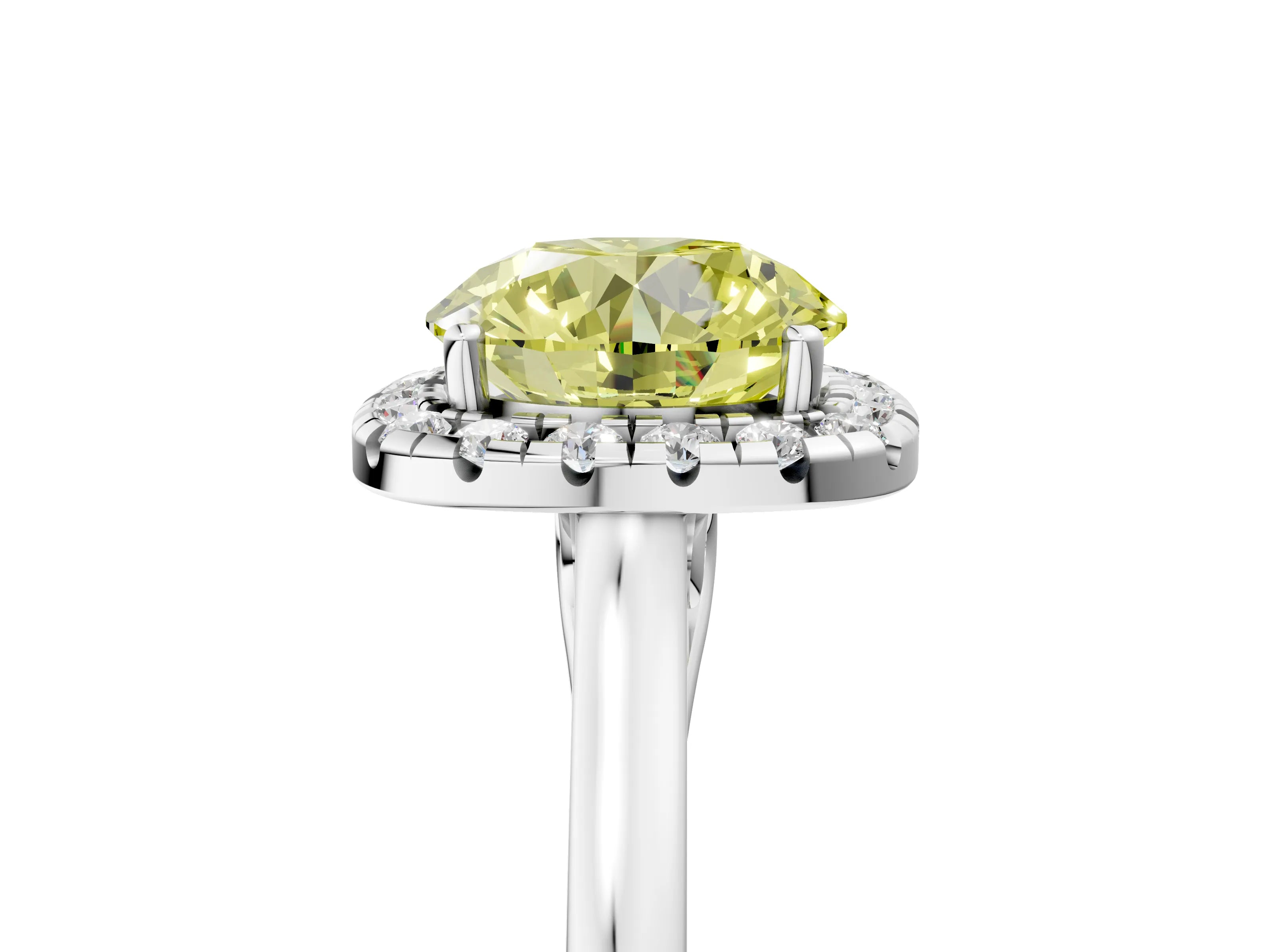 White gold Fancy Yellow Round Cut Halo Round Diamond Solitaire Ring with Pavé Band and Four-Prong Setting_17
