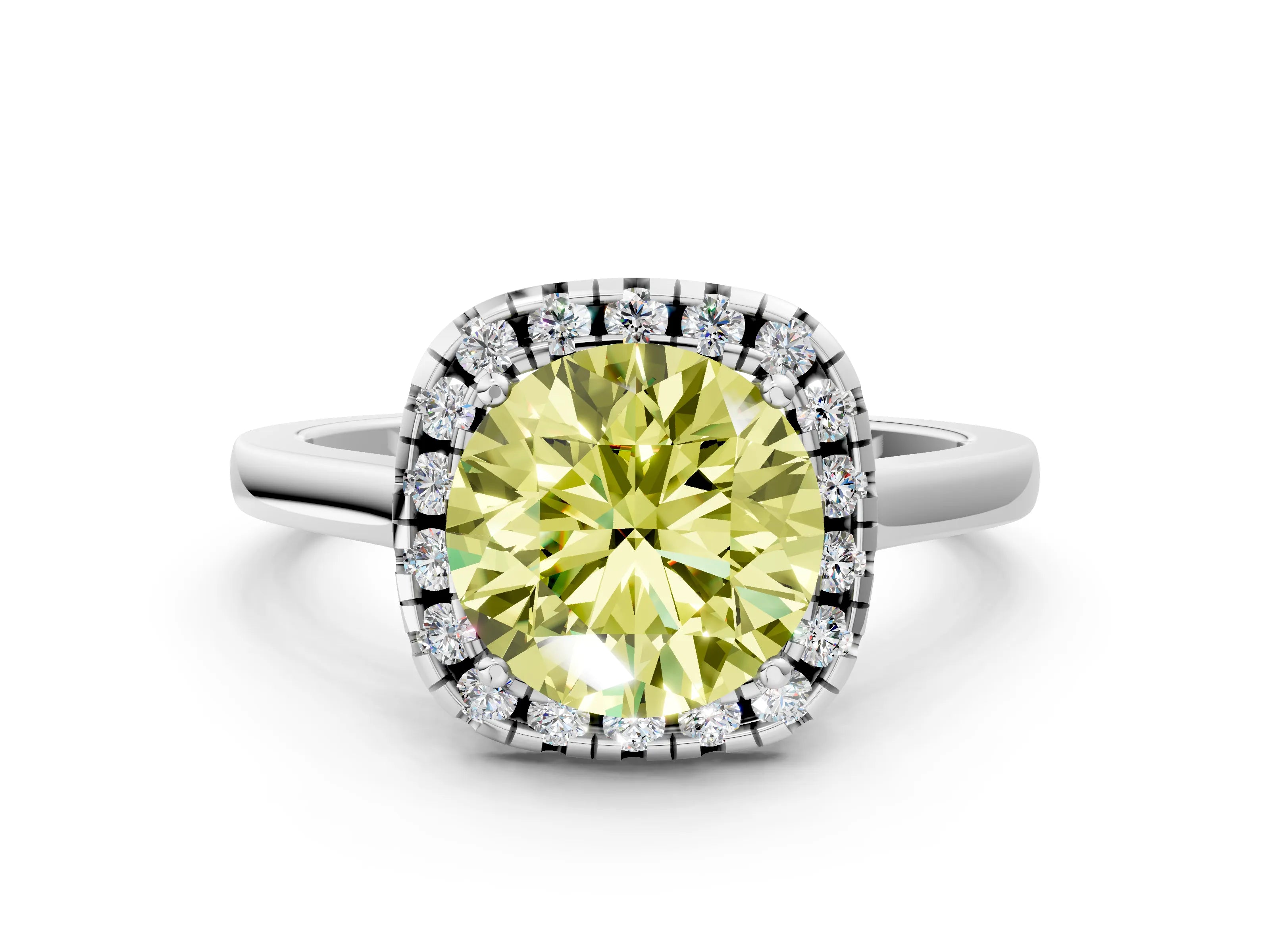 White gold Fancy Yellow Round Cut Halo Round Diamond Solitaire Ring with Pavé Band and Four-Prong Setting_18