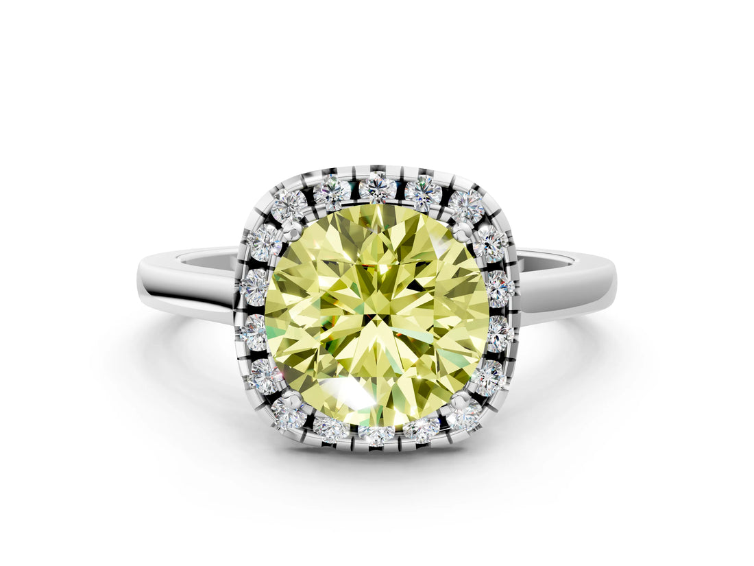 White gold Fancy Yellow Round Cut Halo Round Diamond Solitaire Ring with Pavé Band and Four-Prong Setting_24