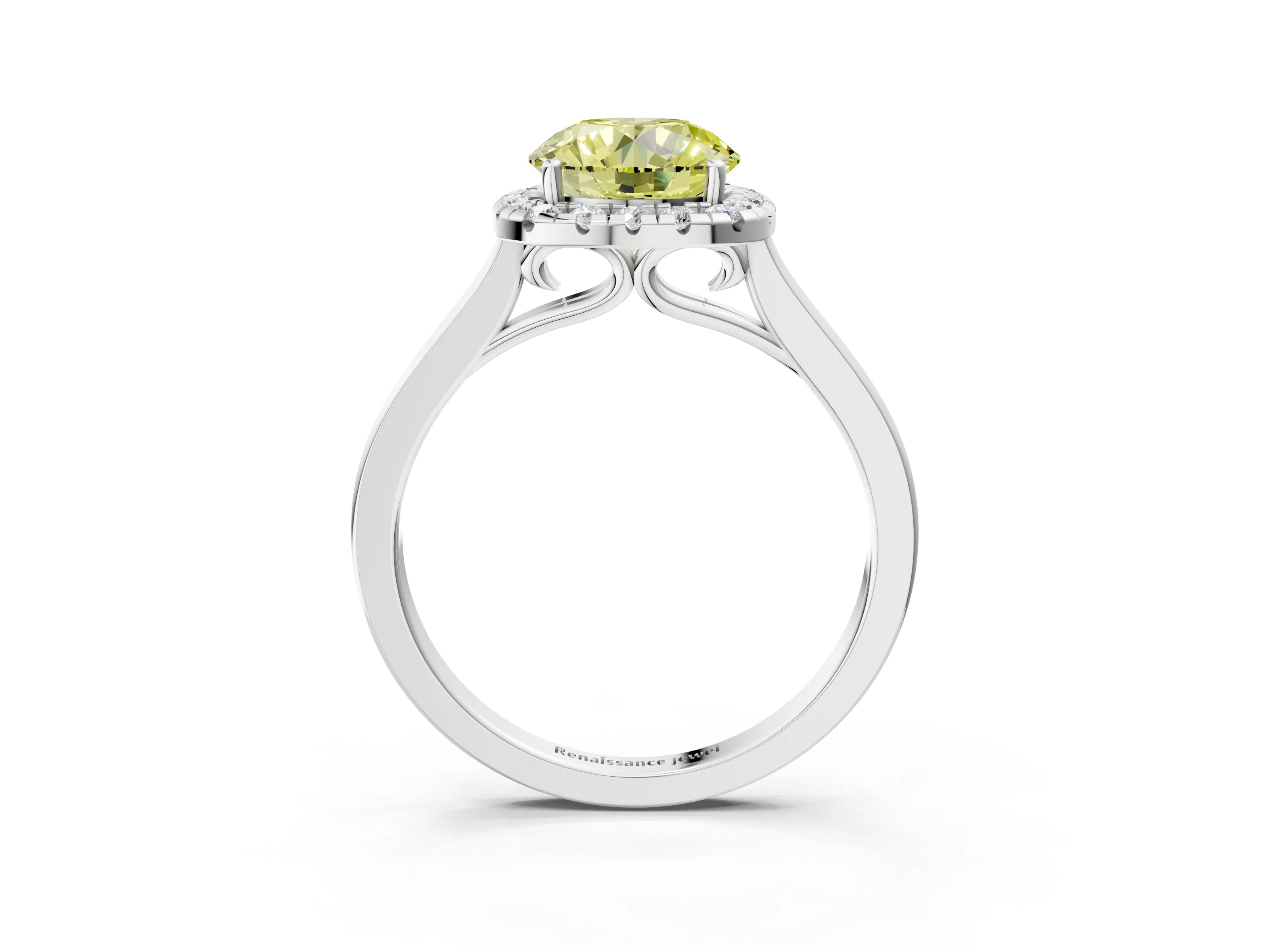 White gold Fancy Yellow Round Cut Halo Round Diamond Solitaire Ring with Pavé Band and Four-Prong Setting_27