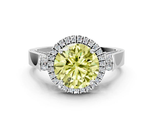 Platinum Fancy Yellow Round Cut Halo Round Diamond Twist Band with Four-Prong Setting