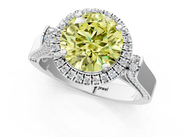 Platinum Fancy Yellow Round Cut Halo Round Diamond Twist Band with Four-Prong Setting