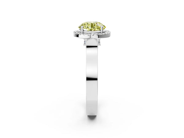 Platinum Fancy Yellow Round Cut Halo Round Diamond Twist Band with Four-Prong Setting