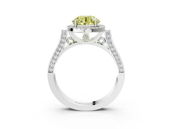 Platinum Fancy Yellow Round Cut Halo Round Diamond Twist Band with Four-Prong Setting