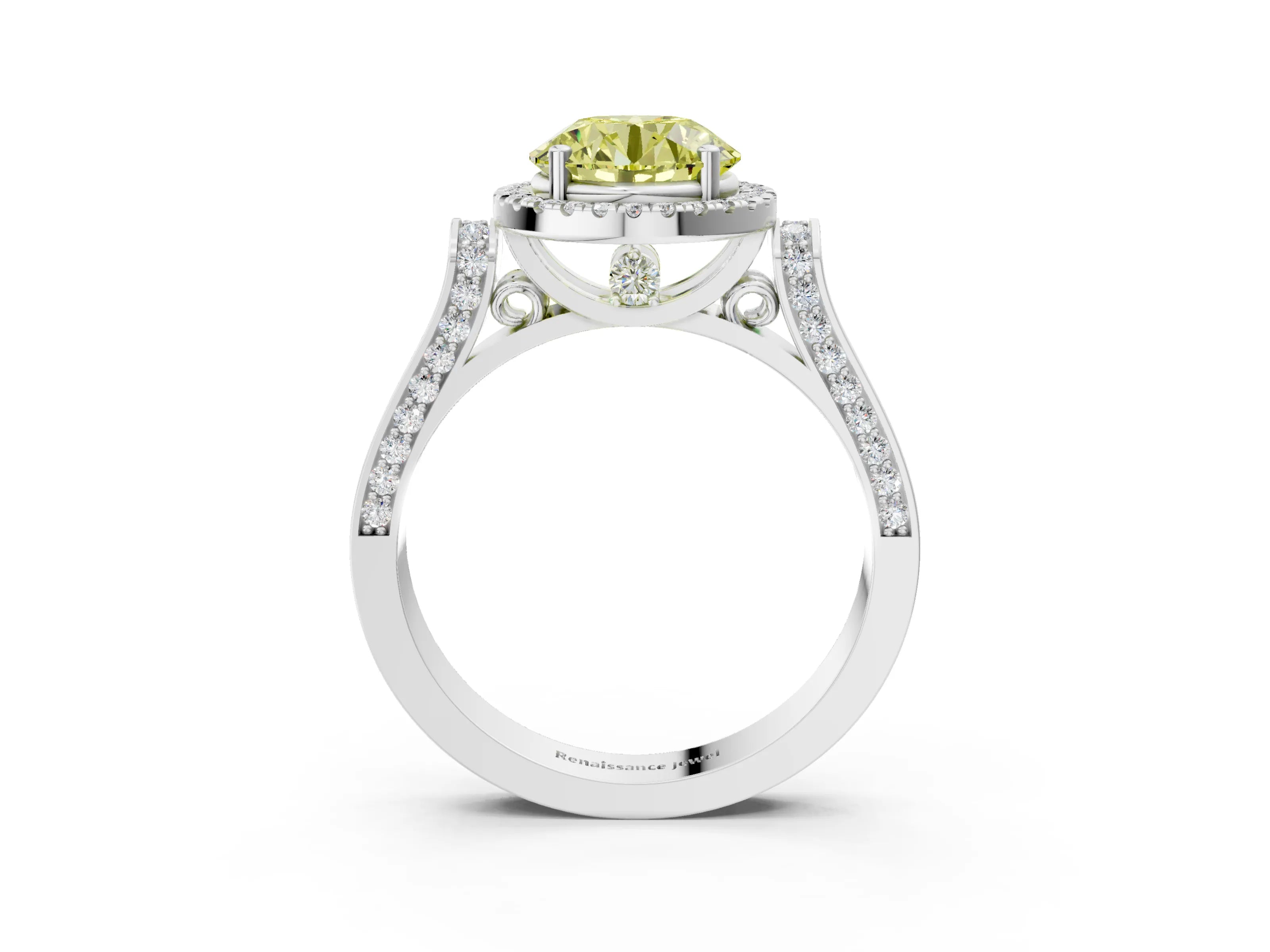 White gold Fancy Yellow Round Cut Halo Round Diamond Twist Band with Four-Prong Setting_27