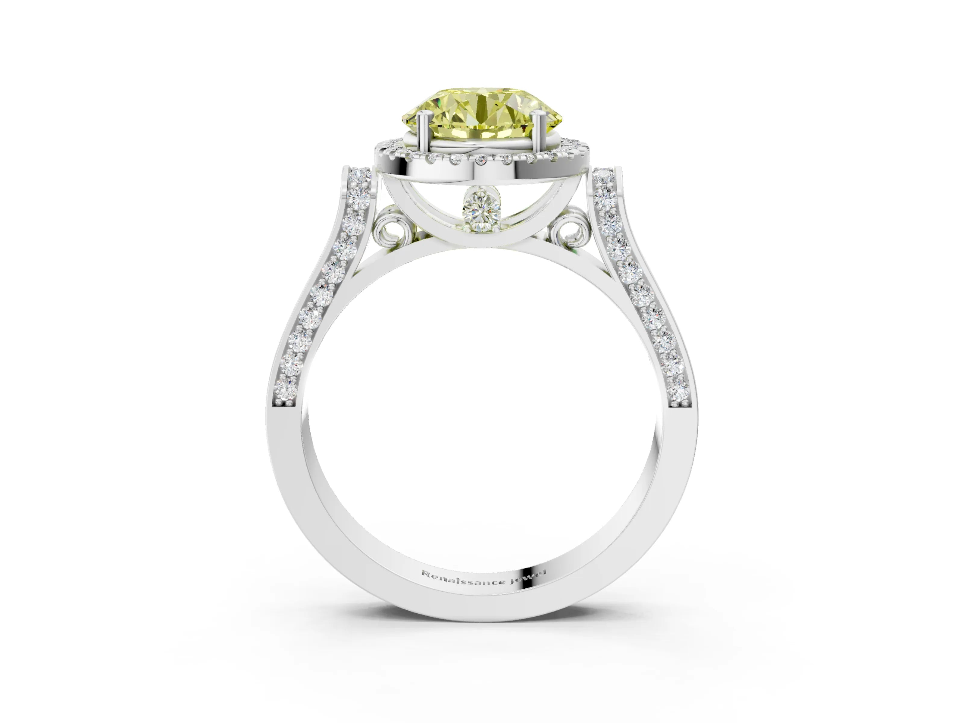 White gold Fancy Yellow Round Cut Halo Round Diamond Twist Band with Four-Prong Setting_3