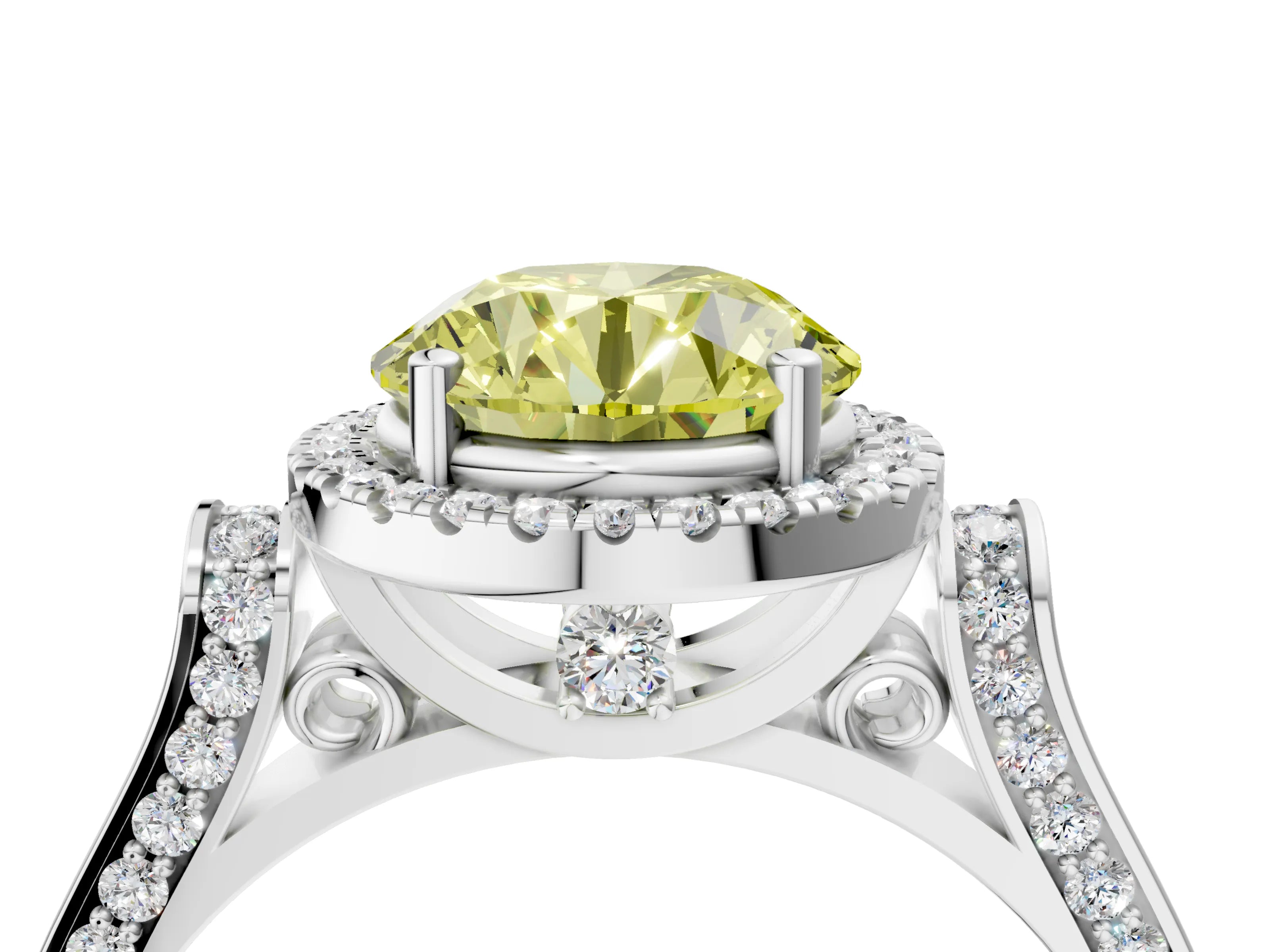 White gold Fancy Yellow Round Cut Halo Round Diamond Twist Band with Four-Prong Setting_4