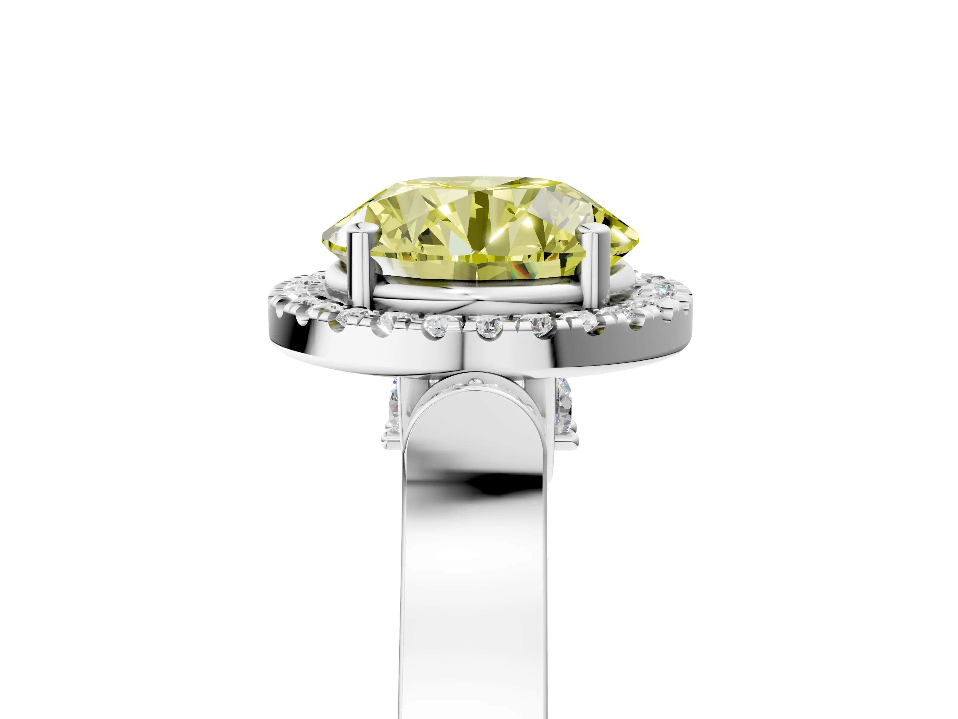 White gold Fancy Yellow Round Cut Halo Round Diamond Twist Band with Four-Prong Setting_5