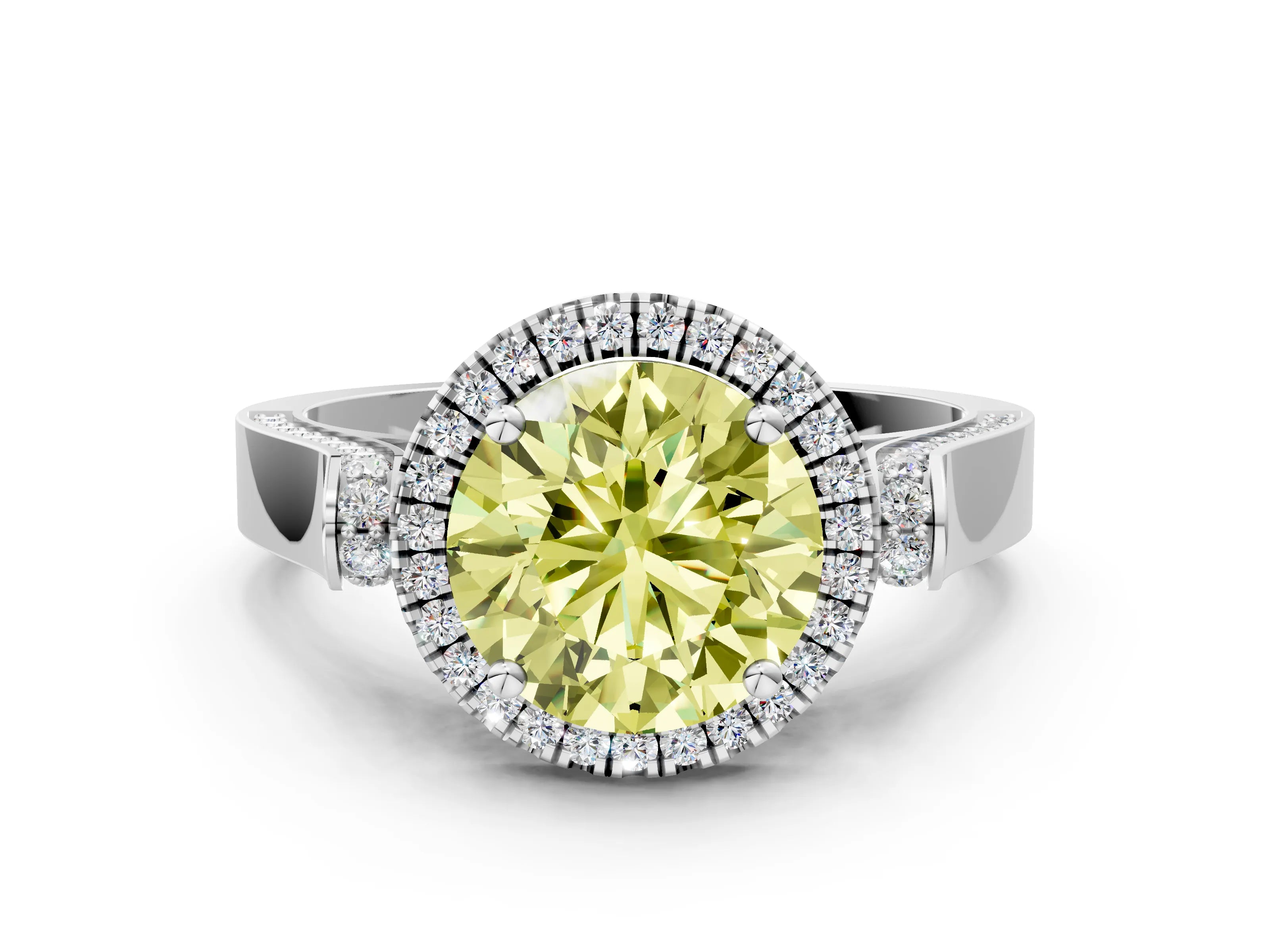 White gold Fancy Yellow Round Cut Halo Round Diamond Twist Band with Four-Prong Setting