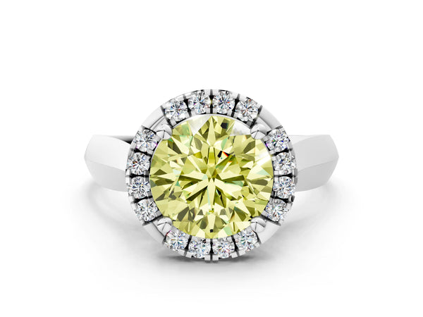 White gold Fancy Yellow Round  Cut Halo Solitaire Engagement Ring with Square Band and Four-Prong Setting